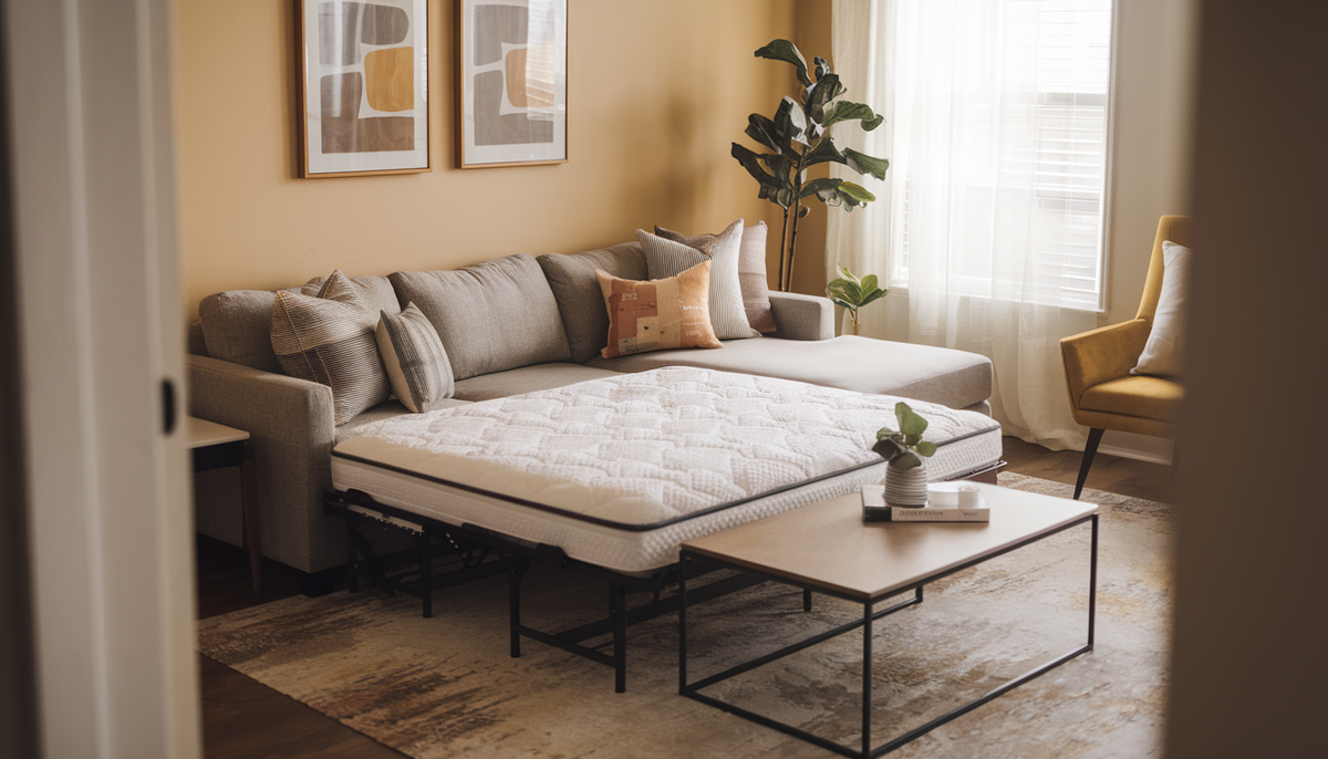 A cozy and stylish small living room with a queen sofa bed, modern sectional, and sleek coffee table, featuring a warm color palette and urban design.