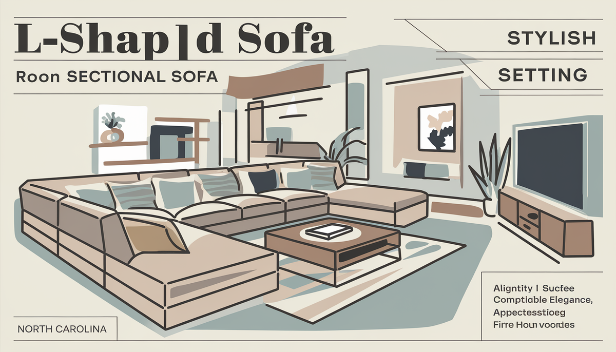 A cozy living room with an L-shaped sectional sofa, soft lighting, and neutral tones, featuring a coffee table, TV stand, and decorative items like plants and art pieces.