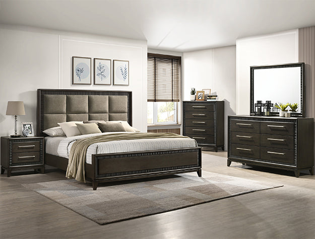 Inviting bedroom scene with a modern queen bed, nightstand, and dresser in a cozy, budget-friendly setting.