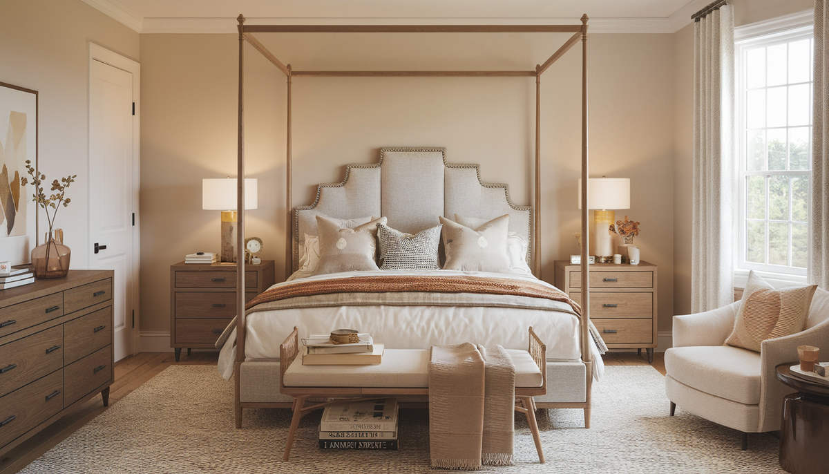 Cozy and stylish bedroom with a king size bed, soft lighting, and modern furniture.