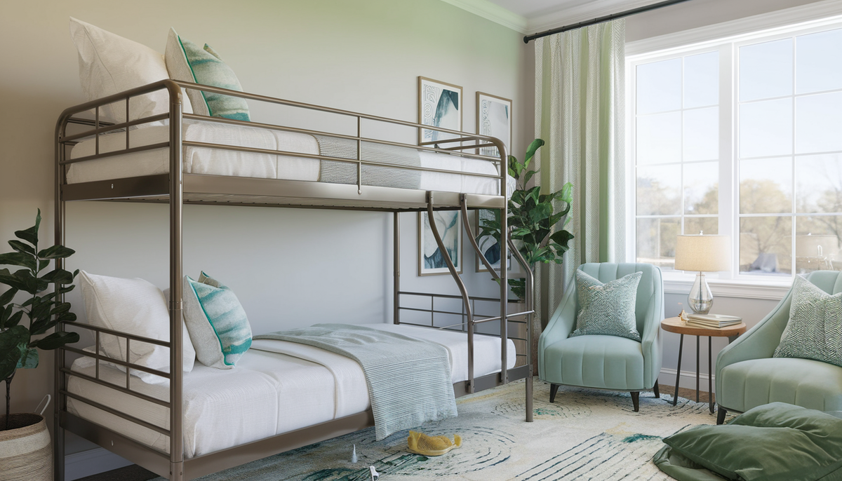 A cozy and modern bedroom interior featuring a stylish twin bunk bed with soft neutral tones, a small bedside table with a lamp, and greenery accents.