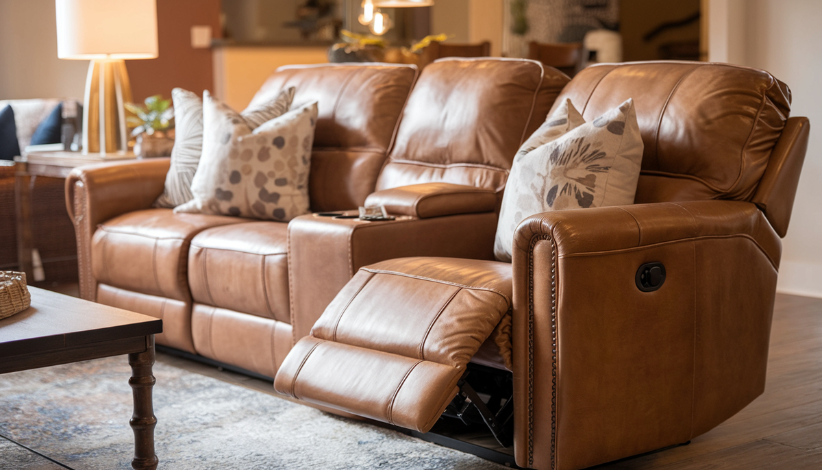 Cozy living room with a leather recliner sofa, soft lighting, and decorative accents.