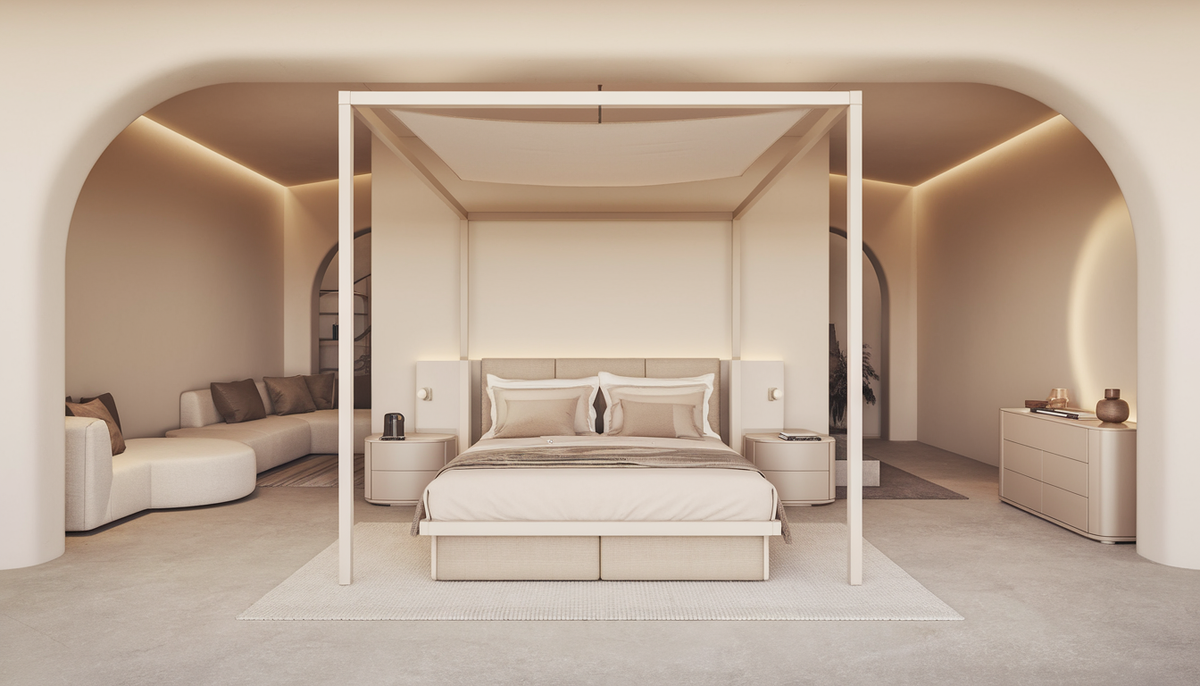 Modern king bedroom set with sleek furniture and minimalistic decor in a cozy, affordable setting.