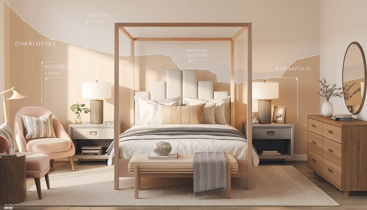 A cozy and stylish bedroom interior featuring a modern queen bed frame with complementary furniture in a well-lit, contemporary setting.