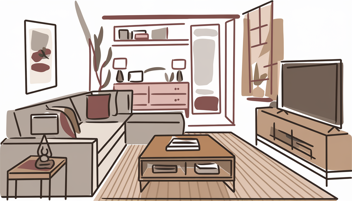 A cozy and stylish small living room interior featuring a modern coffee table with smart storage, a comfortable sectional sofa, a sleek TV stand, and a hint of bedroom furniture in a warm color palette.