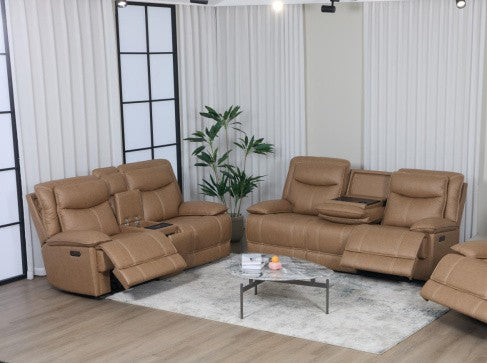 Caramel Power Reclining Sofa and Loveseat